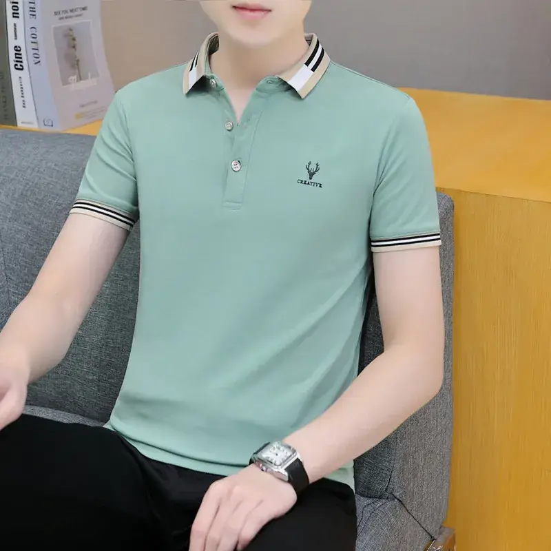 Men Green Polo Shirt Short Sleeve White Trim