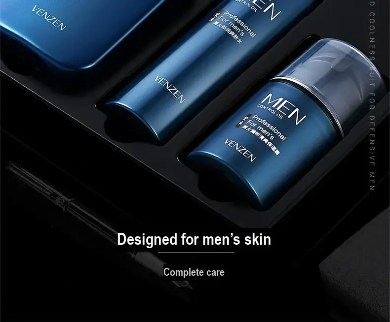 Close view of three blue skincare containers in a black tray.