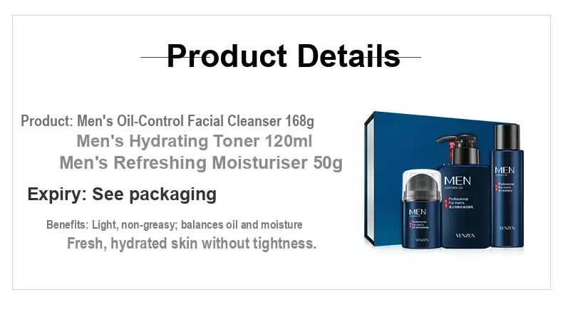 Product information panel listing cleanser 168 g, toner 120 ml and cream 50 g.