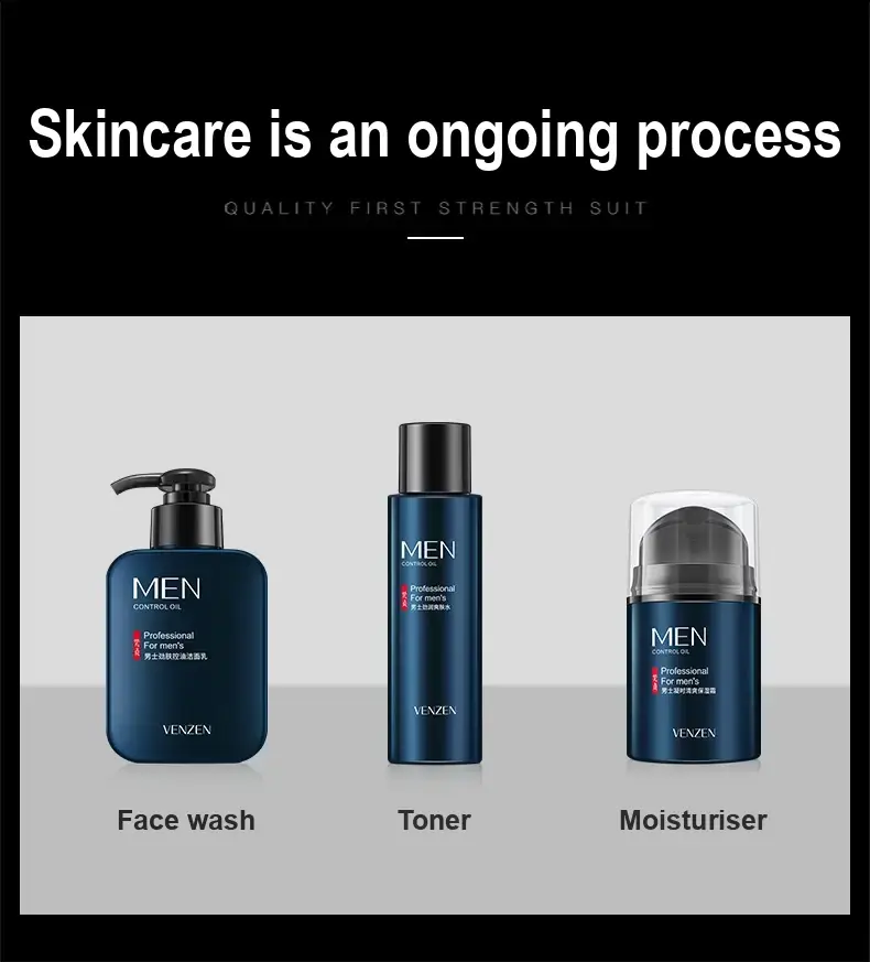 Pump cleanser, toner and cream displayed side by side.