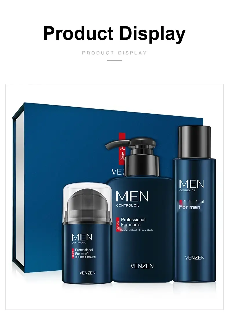 Three blue men's skincare products displayed with a blue gift box.
