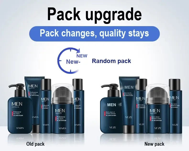 Comparison of old and updated packaging for a blue men's skincare set.