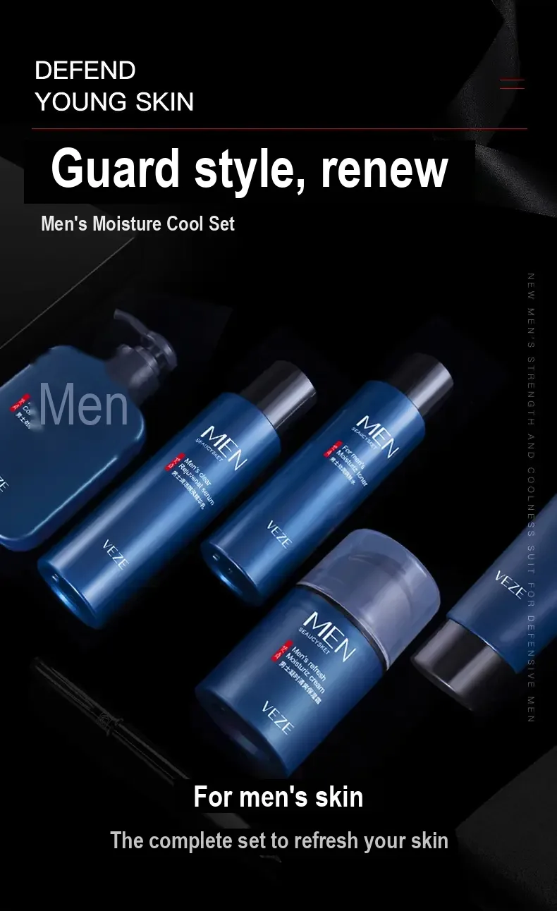 Blue men's facial care products shown in a dark promotional layout.