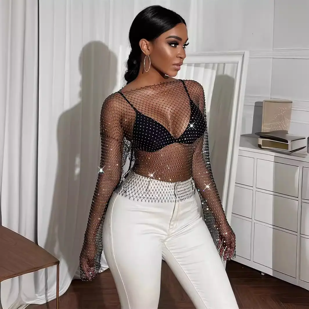 Feminine Rhinestone Fishnet Blouse with Long Sleeve Top - Image 31