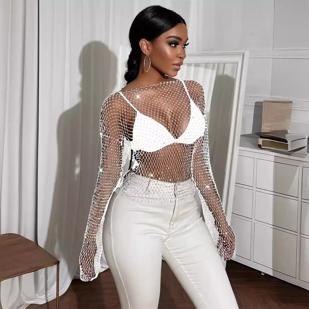 Feminine Rhinestone Fishnet Blouse with Long Sleeve Top - Image 32