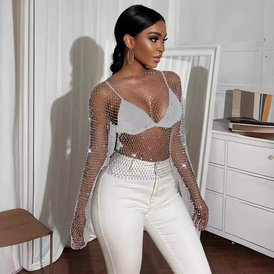 Feminine Rhinestone Fishnet Blouse with Long Sleeve Top - Image 33