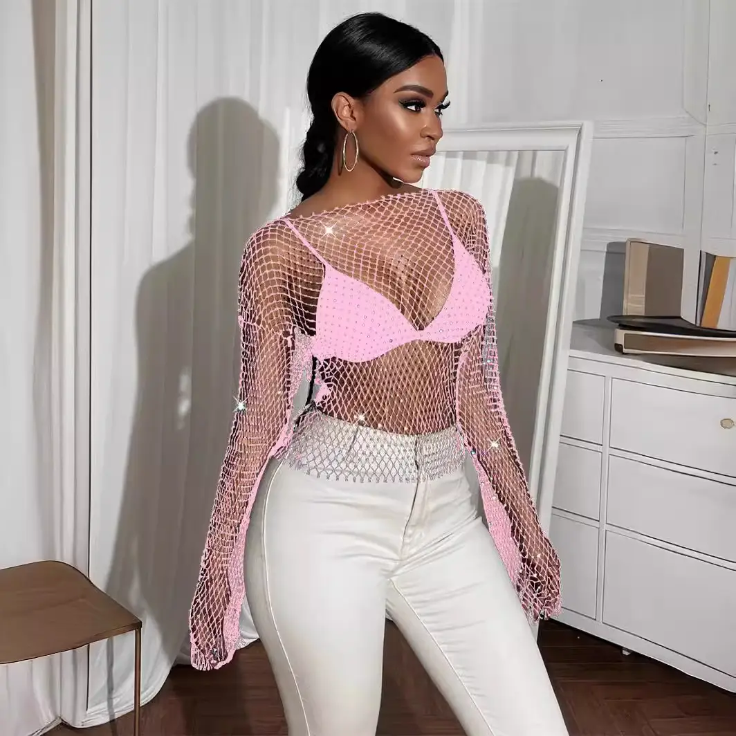 Feminine Rhinestone Fishnet Blouse with Long Sleeve Top - Image 34