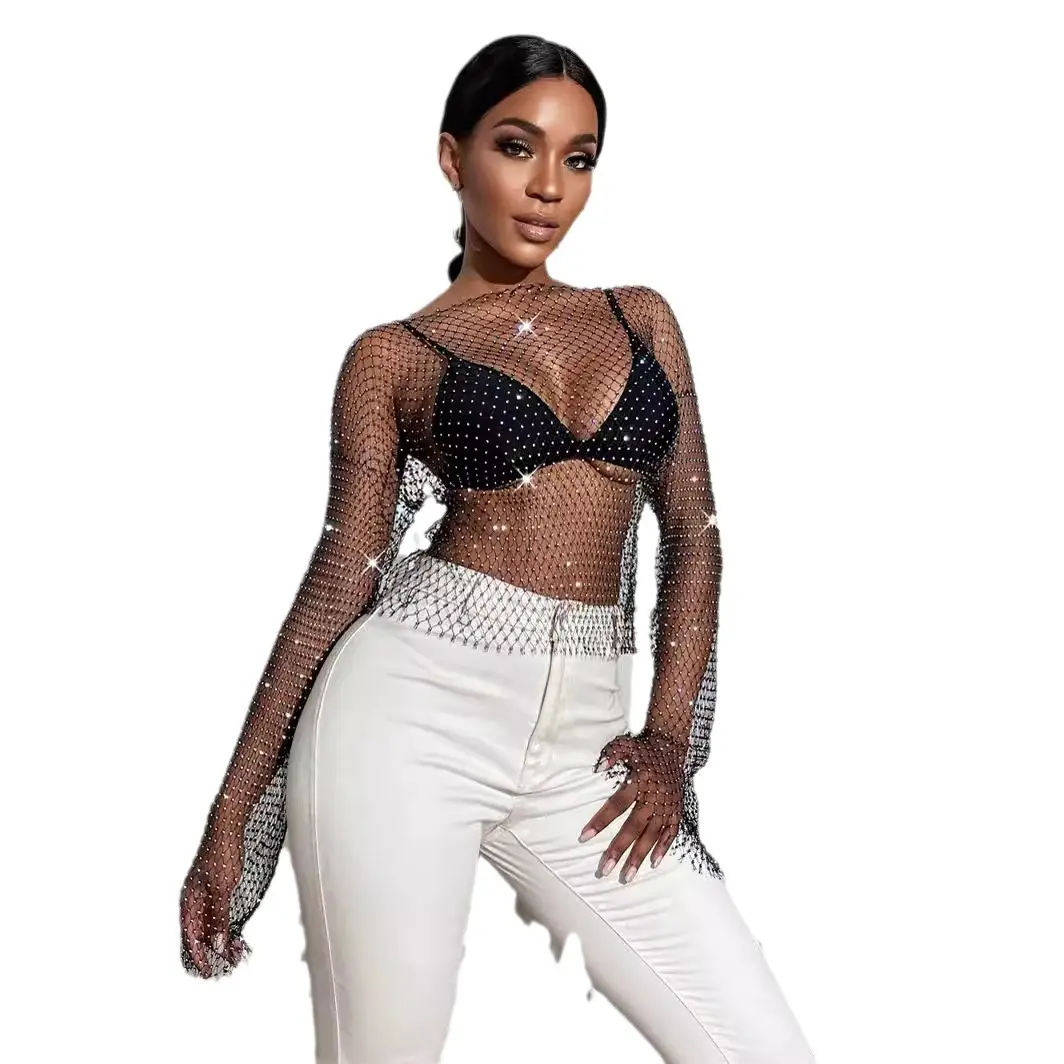Feminine Rhinestone Fishnet Blouse with Long Sleeve Top - Image 35