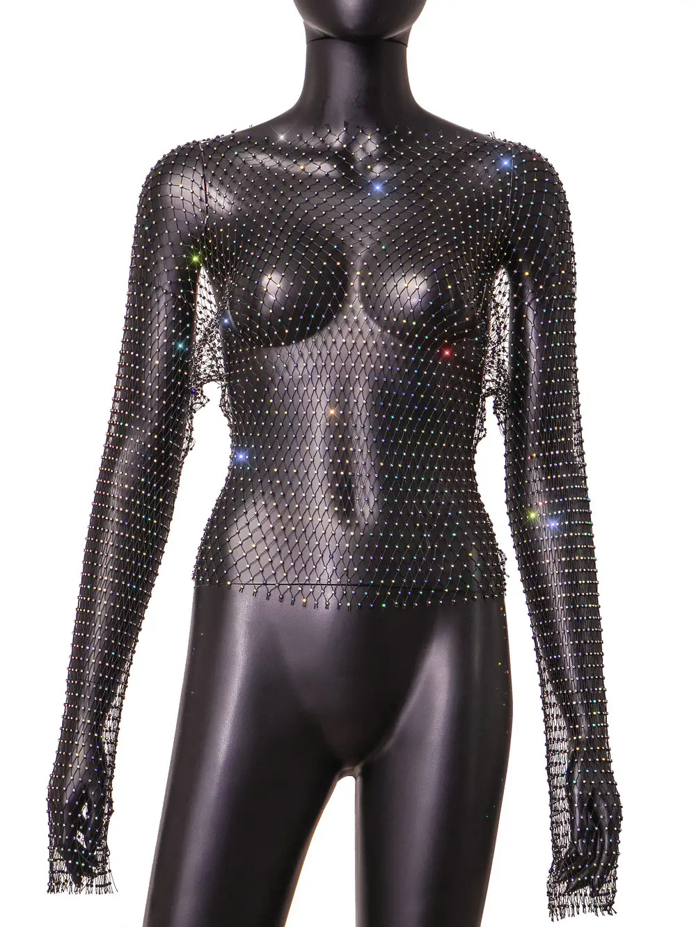 Feminine Rhinestone Fishnet Blouse with Long Sleeve Top - Image 27