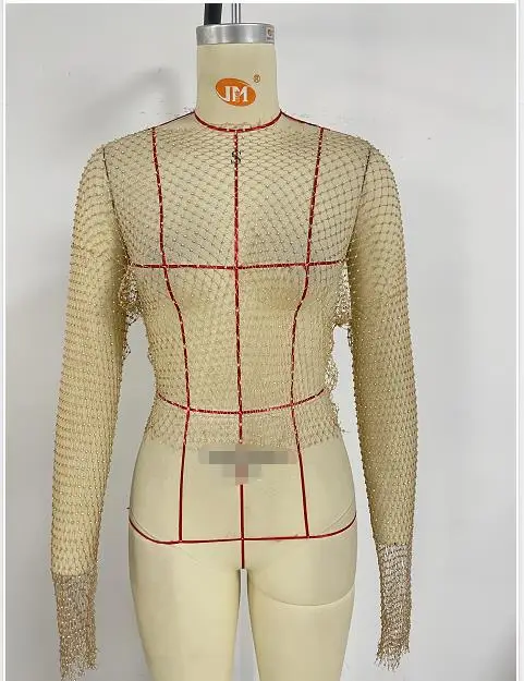 Feminine Rhinestone Fishnet Blouse with Long Sleeve Top - Image 28