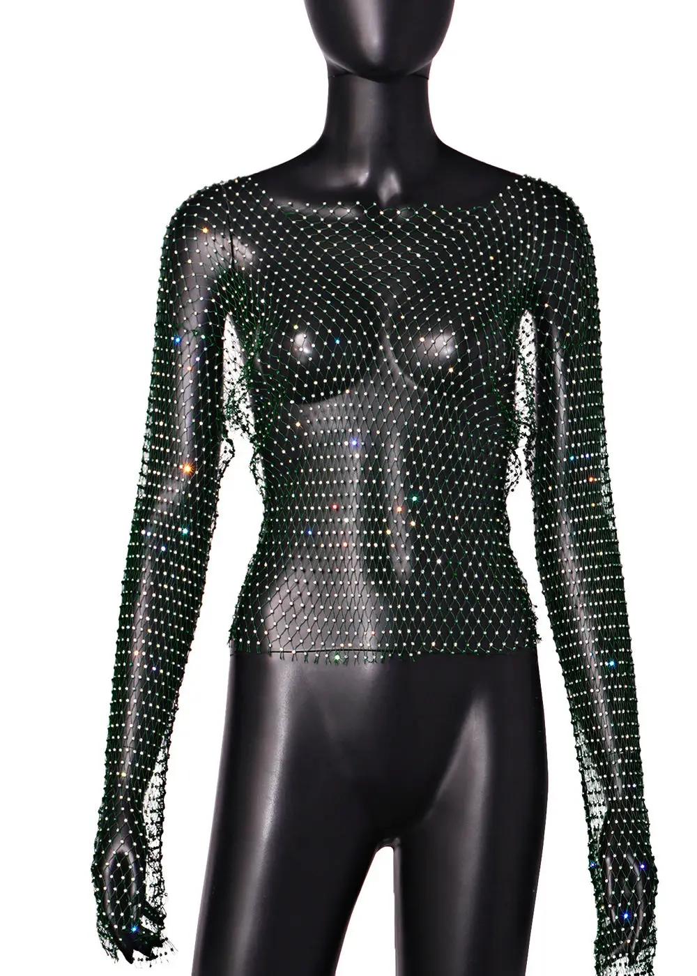Feminine Rhinestone Fishnet Blouse with Long Sleeve Top - Image 29