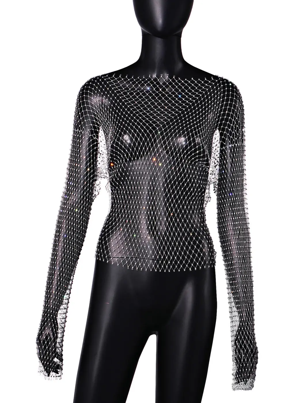 Feminine Rhinestone Fishnet Blouse with Long Sleeve Top - Image 30