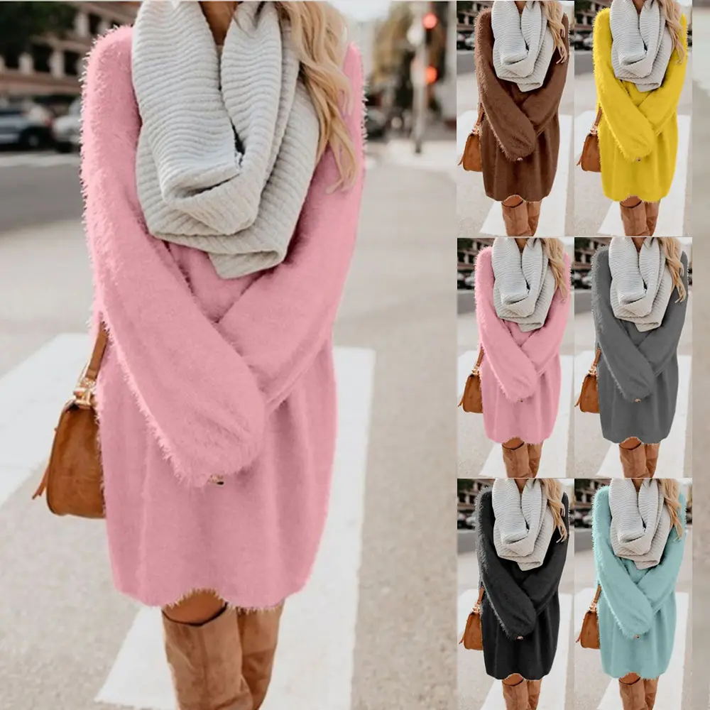 Women's 2023 Long Sleeve Plush Round Neck Dress Mint - Image 14