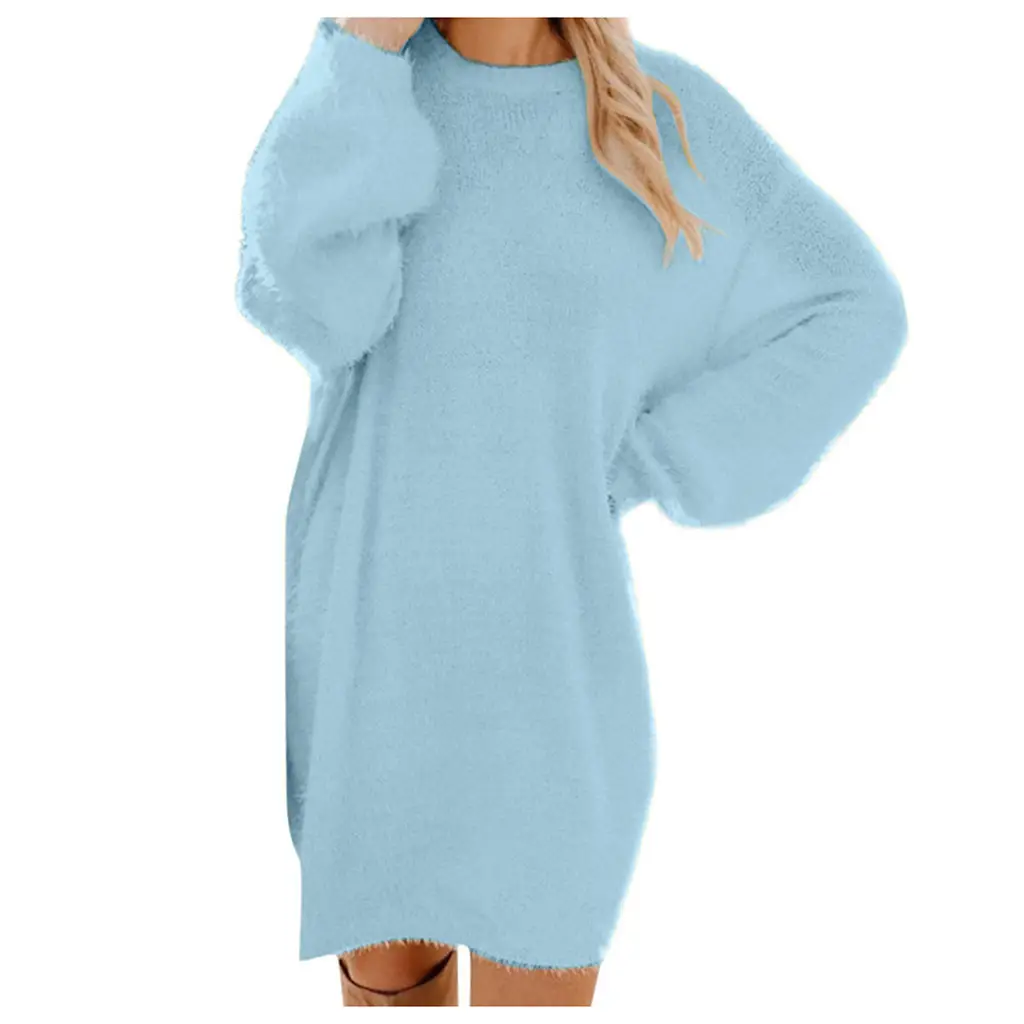Women's 2023 Long Sleeve Plush Round Neck Dress Mint - Image 12