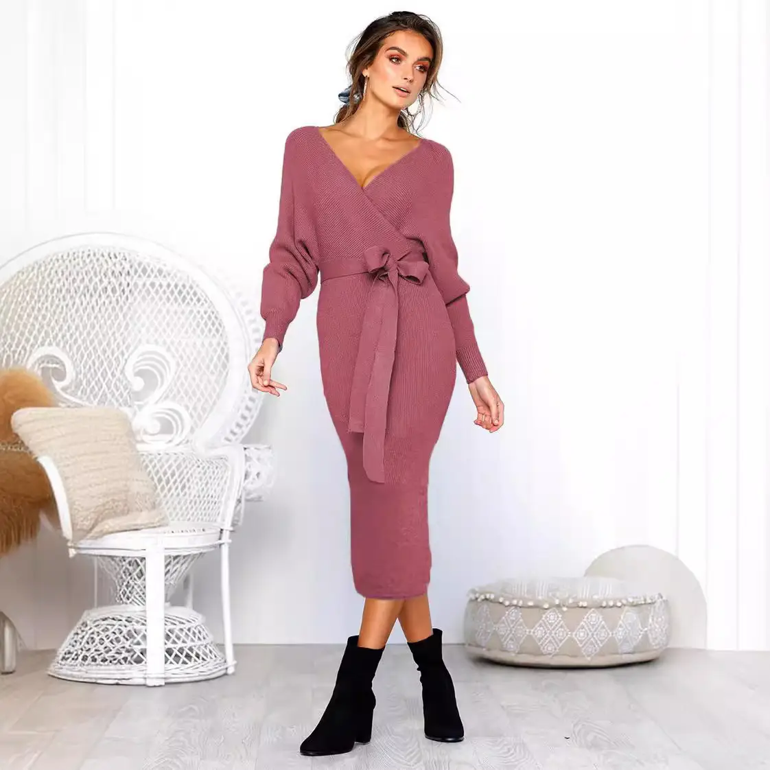 Women's V-Neck Lace-Up Long Sleeve Dress 5 Colors - Image 8