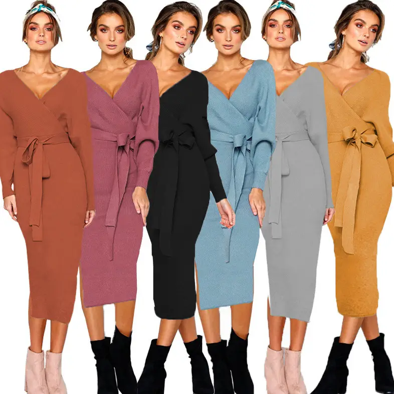 Women's V-Neck Lace-Up Long Sleeve Dress 5 Colors - Image 11