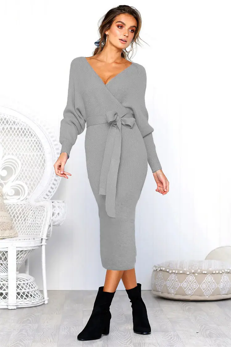 Women's V-Neck Lace-Up Long Sleeve Dress 5 Colors - Image 2