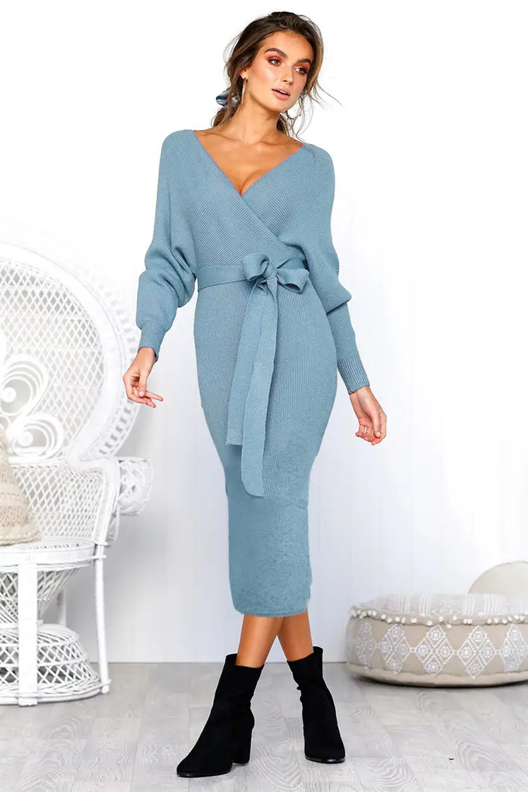 Women's V-Neck Lace-Up Long Sleeve Dress 5 Colors - Image 3