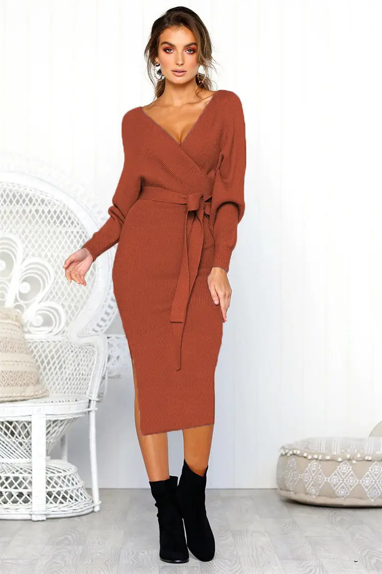Women's V-Neck Lace-Up Long Sleeve Dress 5 Colors - Image 5