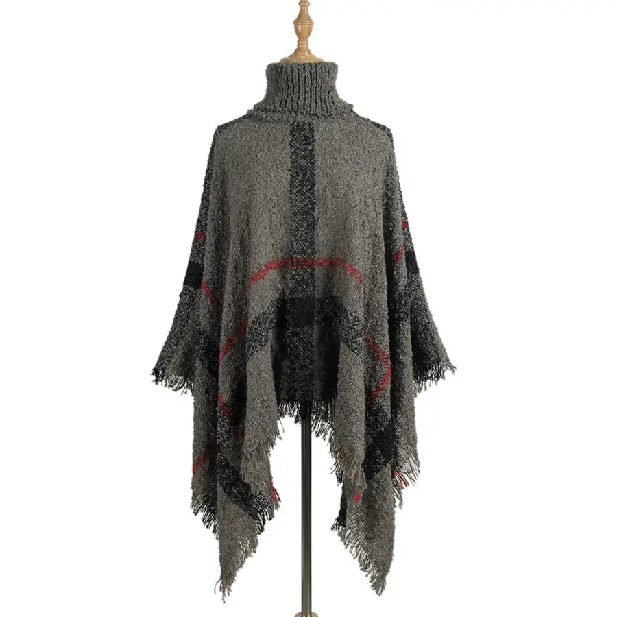 Women's Knitted Plaid Collar Shawl with Loose Sleeve - Image 3