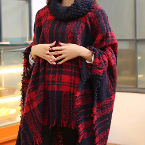 Women's Knitted Plaid Collar Shawl with Loose Sleeve - Image 8