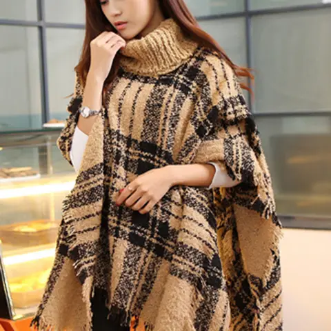 Women's Knitted Plaid Collar Shawl with Loose Sleeve - Image 9