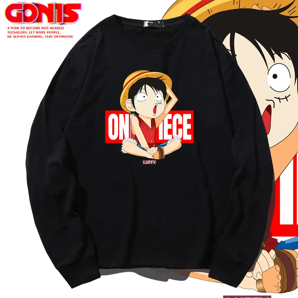 Men Japanese Cartoon One Piece Long Sleeve Blue Sweatshirt