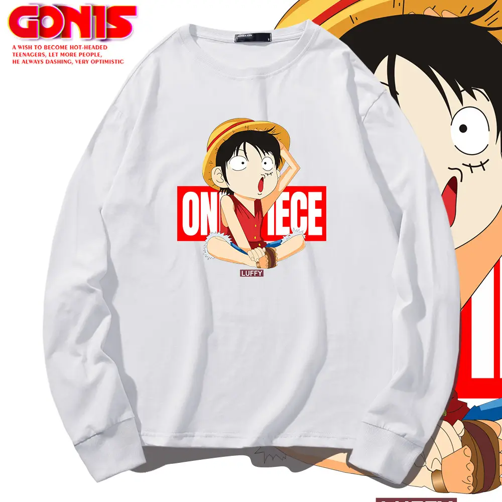 Men Japanese Cartoon One Piece Long Sleeve Blue Sweatshirt