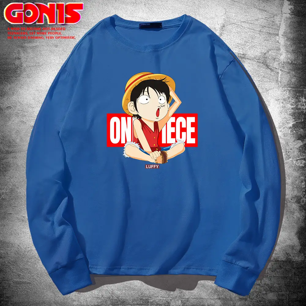Men Japanese Cartoon One Piece Long Sleeve Blue Sweatshirt