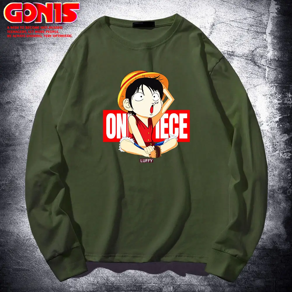Men Japanese Cartoon One Piece Long Sleeve Blue Sweatshirt
