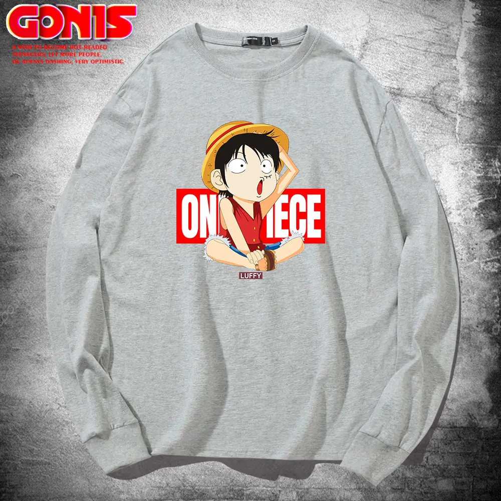 Men Japanese Cartoon One Piece Long Sleeve Blue Sweatshirt