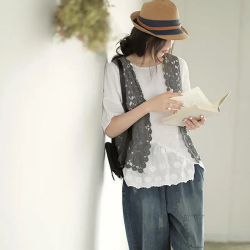 Women Hollow Out Vest Vest Grey Crochet Summer - Image 8