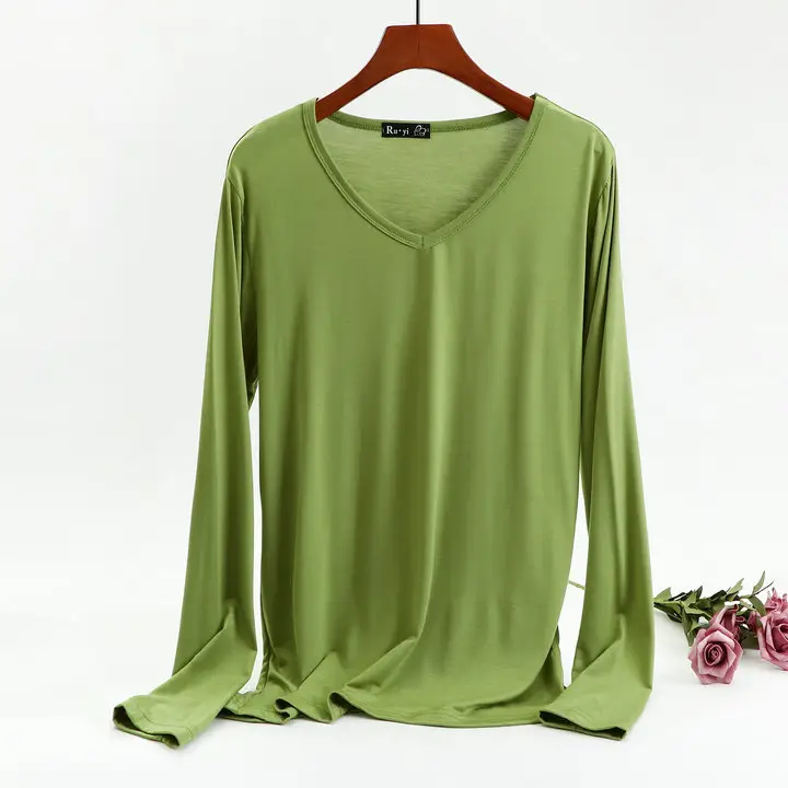 Women's Long Sleeve V-Neck T-Shirt Brown Spring Autumn - Image 12