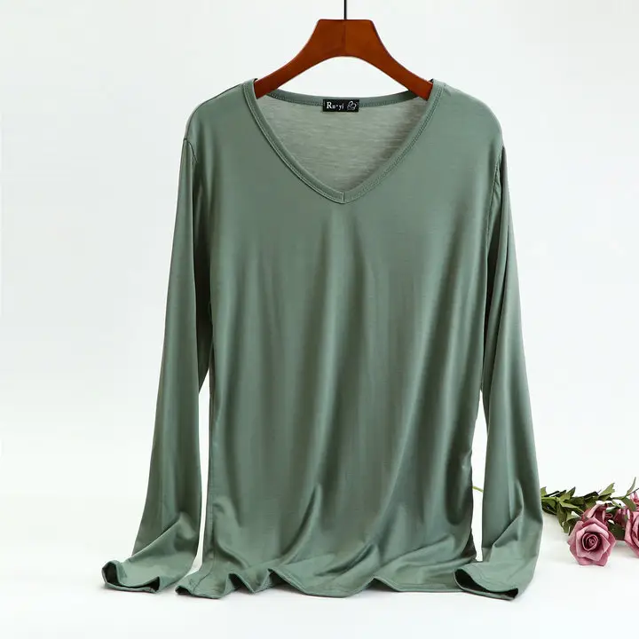 Women's Long Sleeve V-Neck T-Shirt Brown Spring Autumn - Image 13