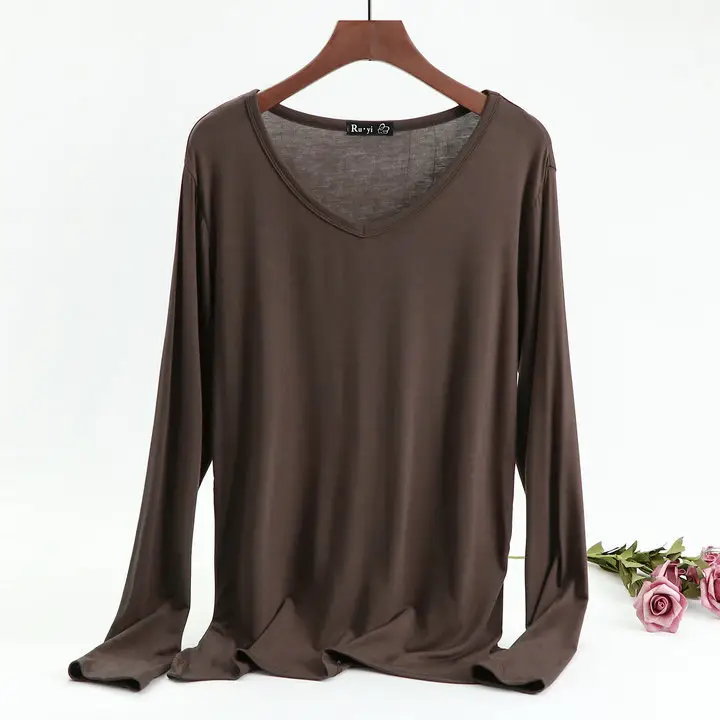 Women's Long Sleeve V-Neck T-Shirt Brown Spring Autumn - Image 15