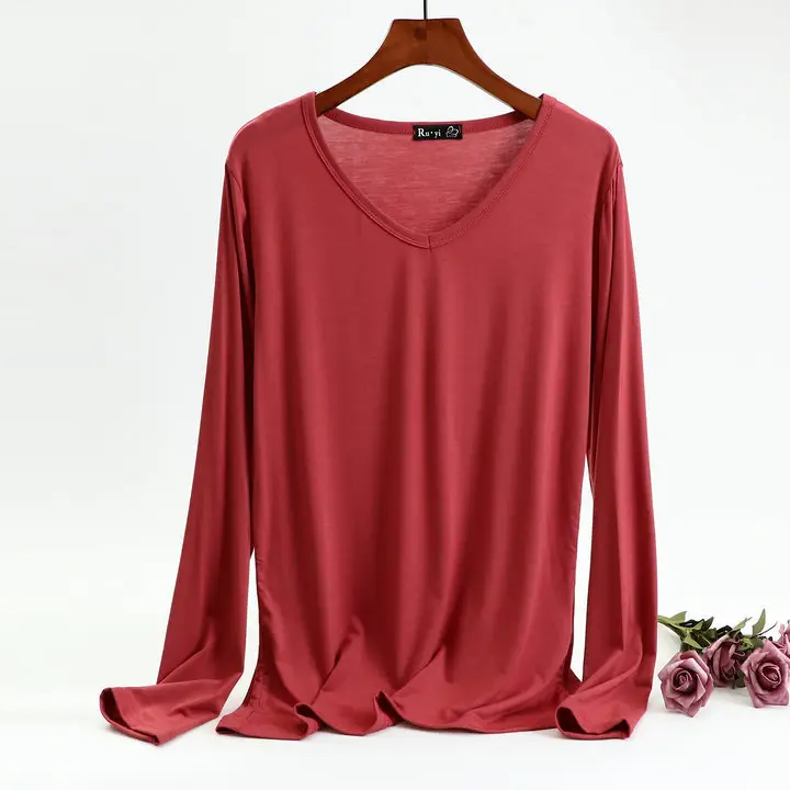Women's Long Sleeve V-Neck T-Shirt Brown Spring Autumn - Image 10