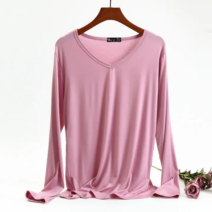 Women's Long Sleeve V-Neck T-Shirt Brown Spring Autumn - Image 2