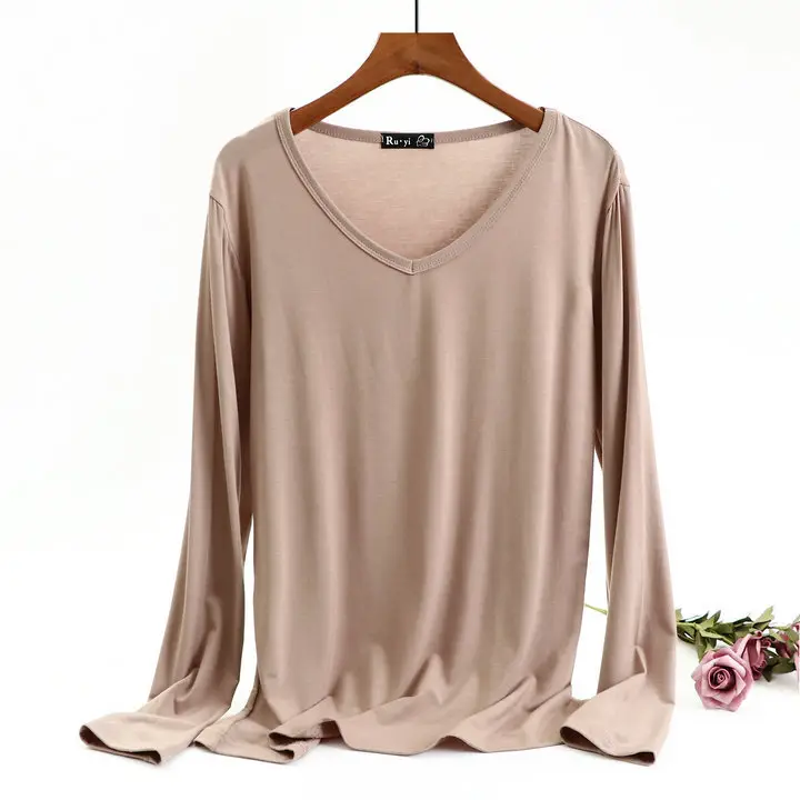 Women's Long Sleeve V-Neck T-Shirt Brown Spring Autumn - Image 3