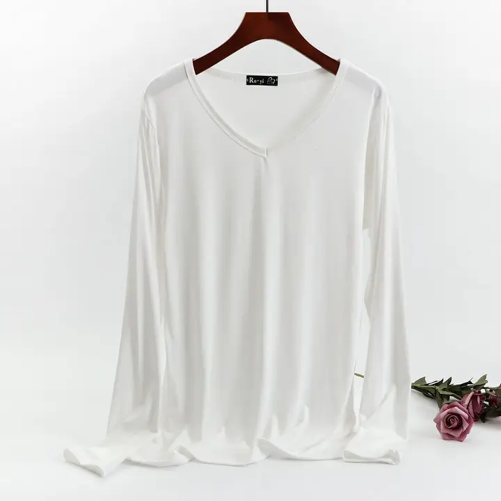 Women's Long Sleeve V-Neck T-Shirt Brown Spring Autumn - Image 4
