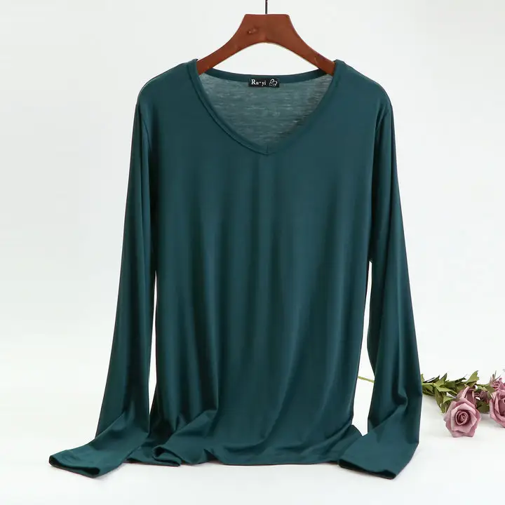 Women's Long Sleeve V-Neck T-Shirt Brown Spring Autumn - Image 7