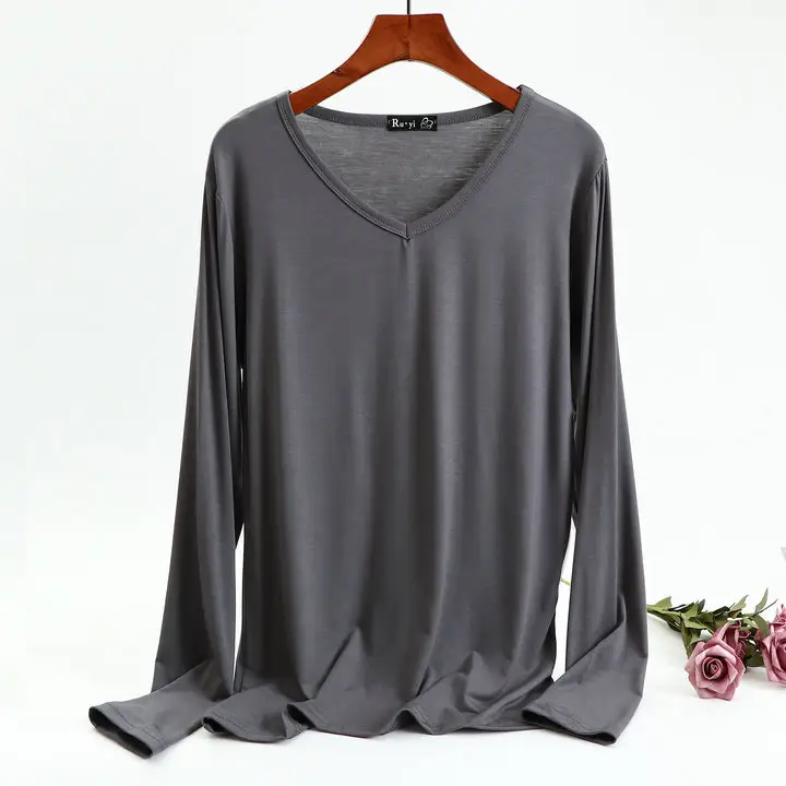 Women's Long Sleeve V-Neck T-Shirt Brown Spring Autumn - Image 9