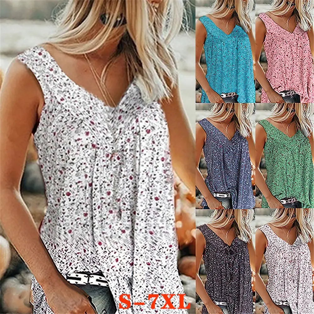 Women Sleeveless Printed V-Neck T-Shirt Blue - Image 7