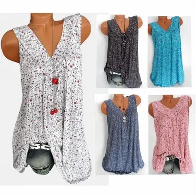 Women Sleeveless Printed V-Neck T-Shirt Blue - Image 8