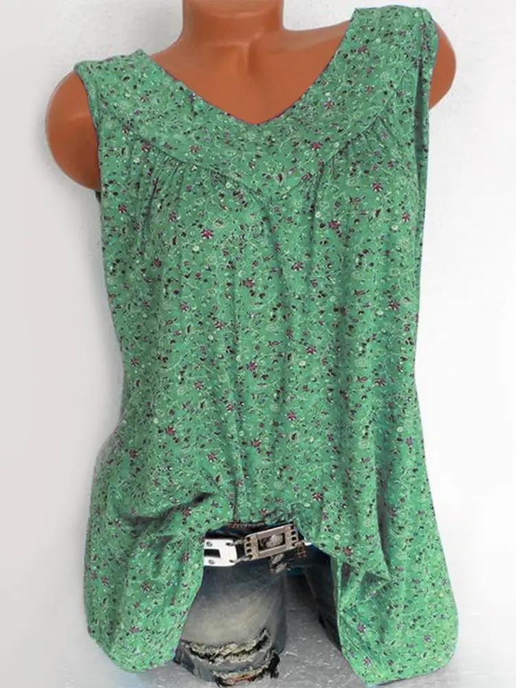Women Sleeveless Printed V-Neck T-Shirt Blue - Image 2