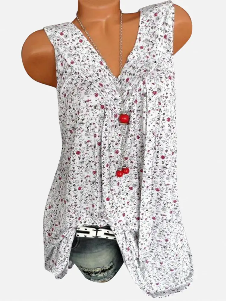 Women Sleeveless Printed V-Neck T-Shirt Blue - Image 4