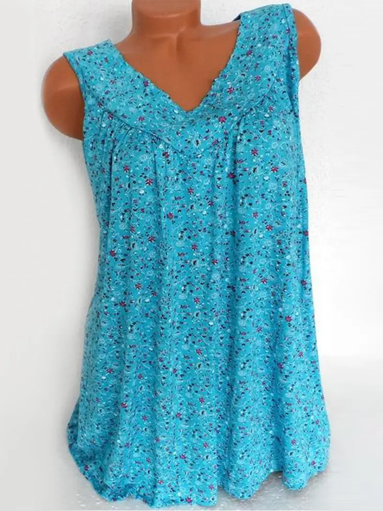 Women Sleeveless Printed V-Neck T-Shirt Blue - Image 5