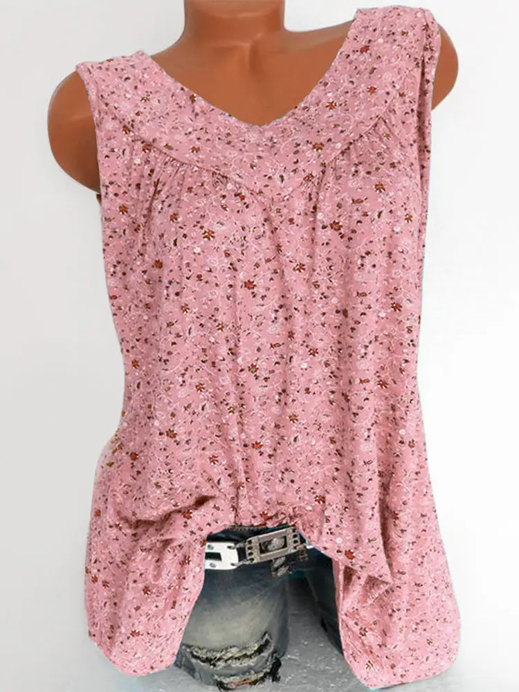 Women Sleeveless Printed V-Neck T-Shirt Blue - Image 3