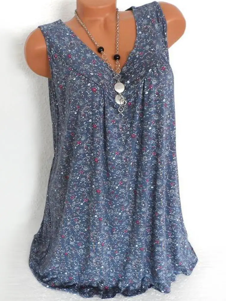 Women Sleeveless Printed V-Neck T-Shirt Blue - Image 6