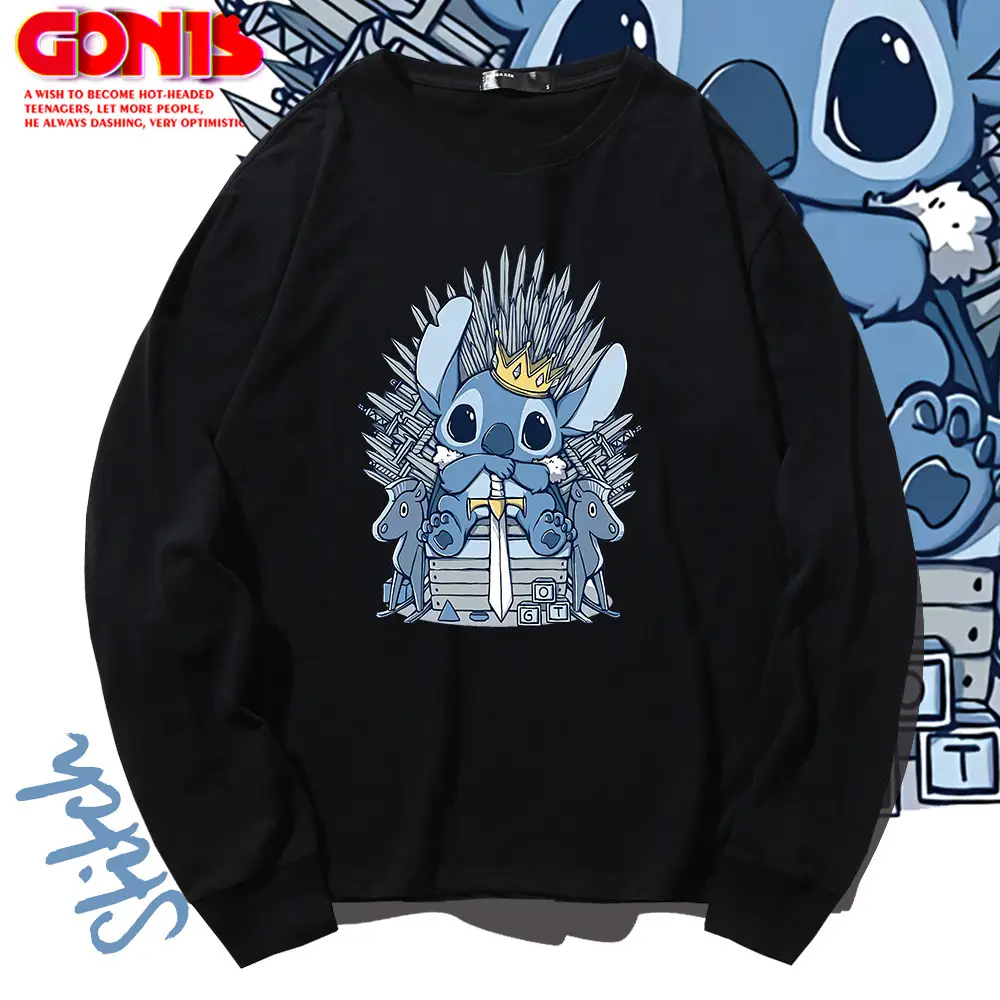 Stitch Long Sleeve T-Shirt Grey Pure Cotton Teenage Hip Hop