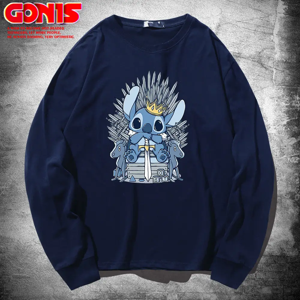 Stitch Long Sleeve T-Shirt Grey Pure Cotton Teenage Hip Hop
